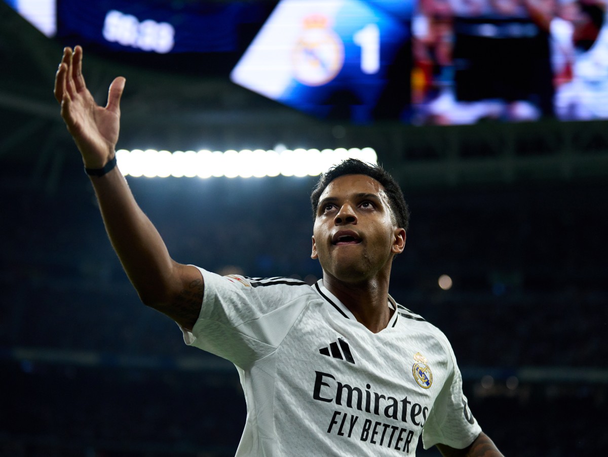 Rodrygo Goes celebrates a goal for Real Madrid against Atletico Madrid
