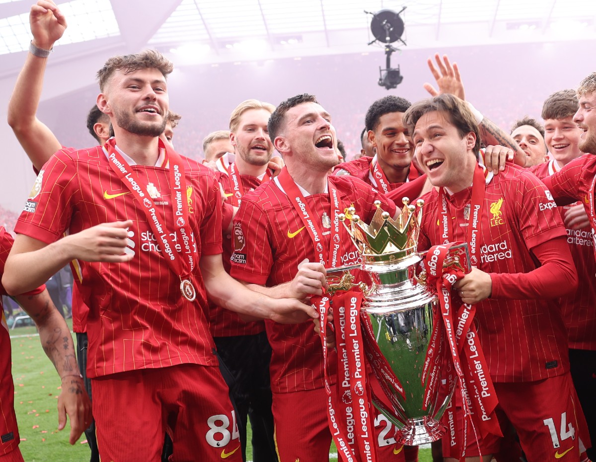 Andrew Robertson and Federico Chiesa with the Premier League trophy