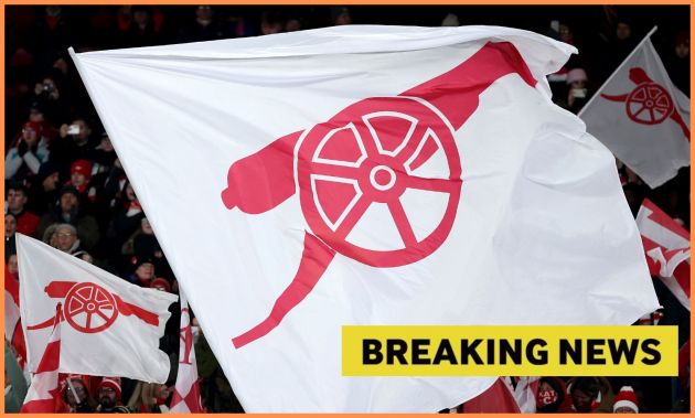 Arsenal flag plus 'breaking news' banner