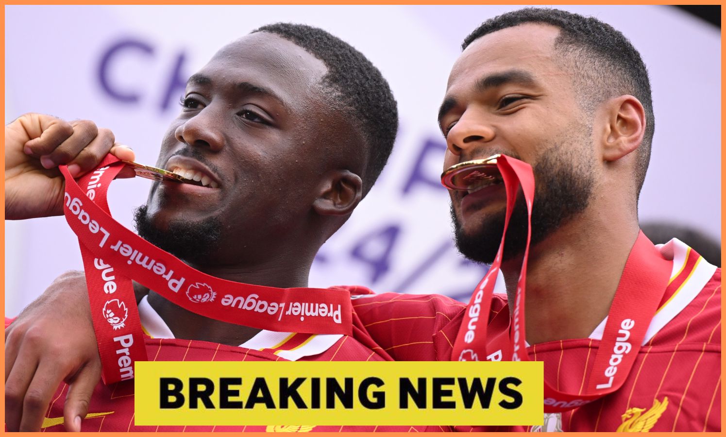 Ibrahima Konate and Cody Gakpo celebrate with their Premier League winners' medals