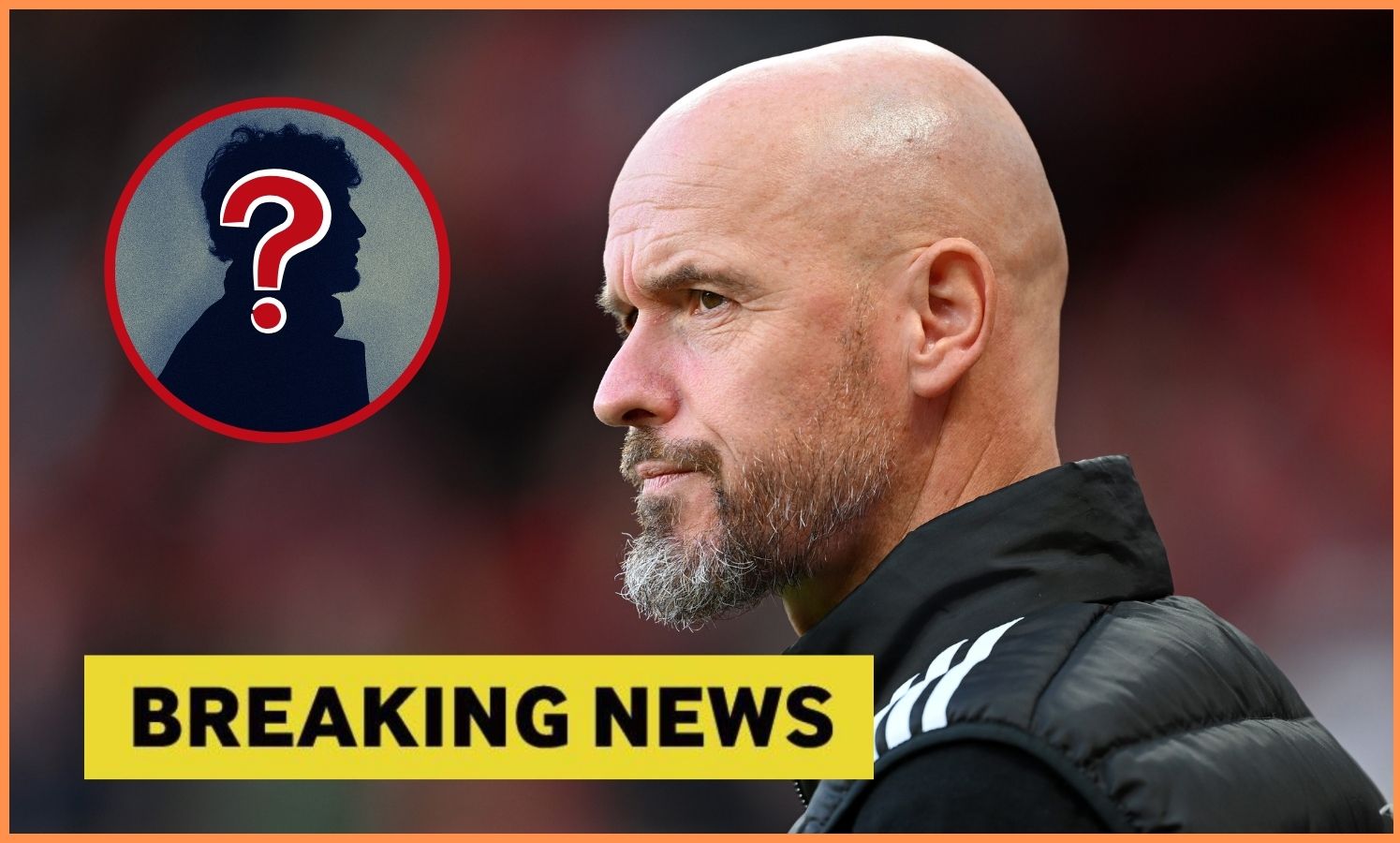 Erik ten Hag during his time as Man United manager, plus yellow 'breaking news' banner