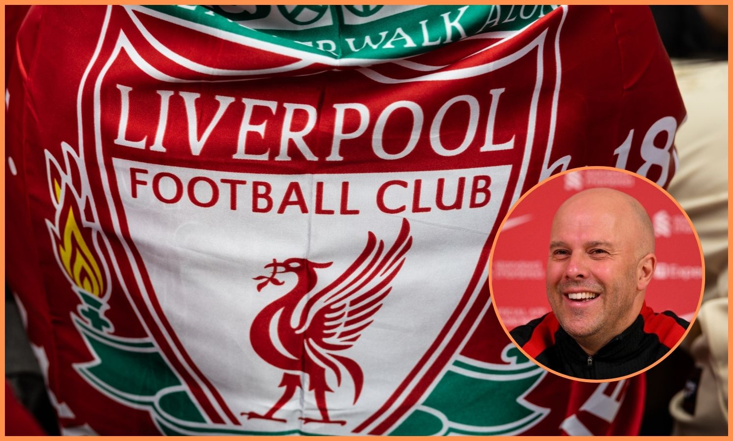 Liverpool FC logo and Arne Slot