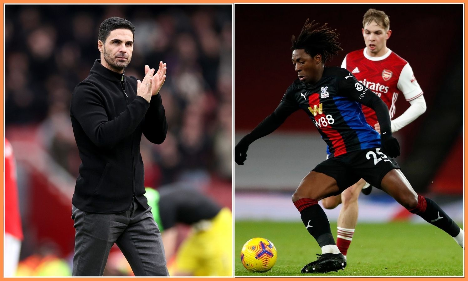 Mikel Arteta, Eberechi Eze and Emile Smith Rowe