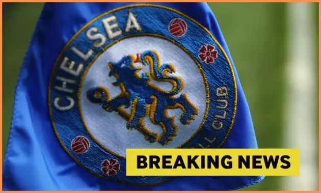 Chelsea flag and yellow 'breaking news' banner