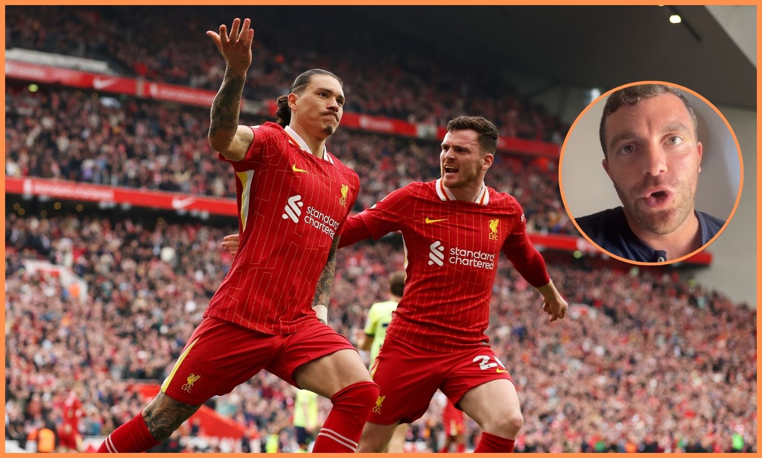 Darwin Nunez and Andrew Robertson celebrate for Liverpool against Southampton