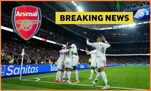 Rodrygo Goes celebrates with his Real Madrid teammates, plus Arsenal logo and 'breaking news' banner
