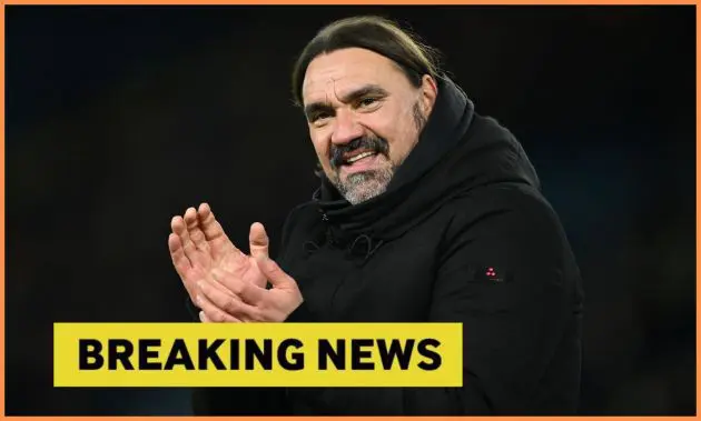 Leeds United manager Daniel Farke plus yellow 'breaking news' banner