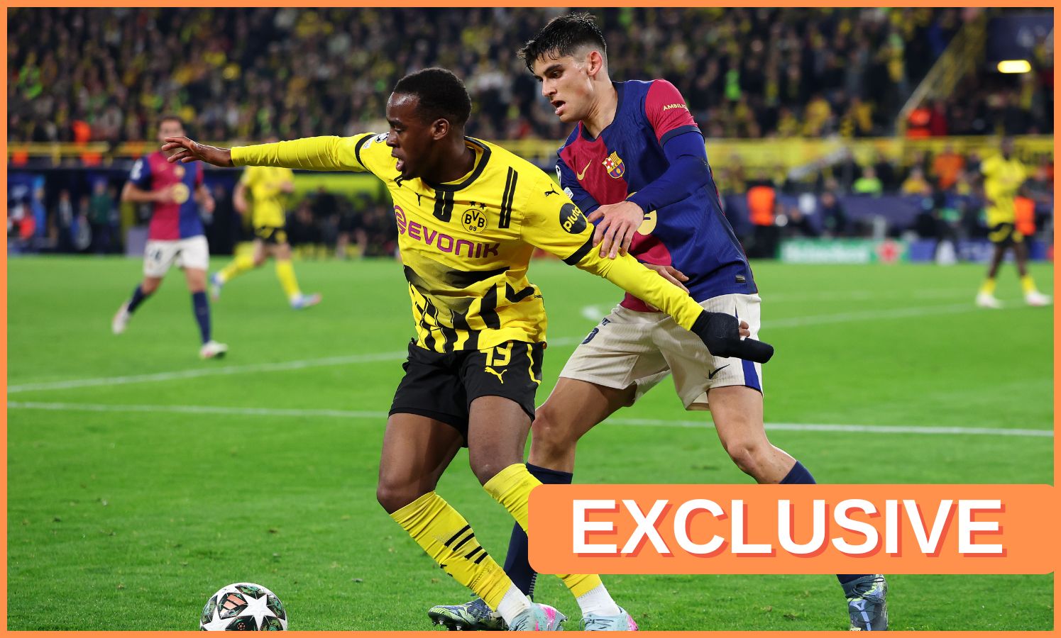 Jamie Gittens in action against Barcelona