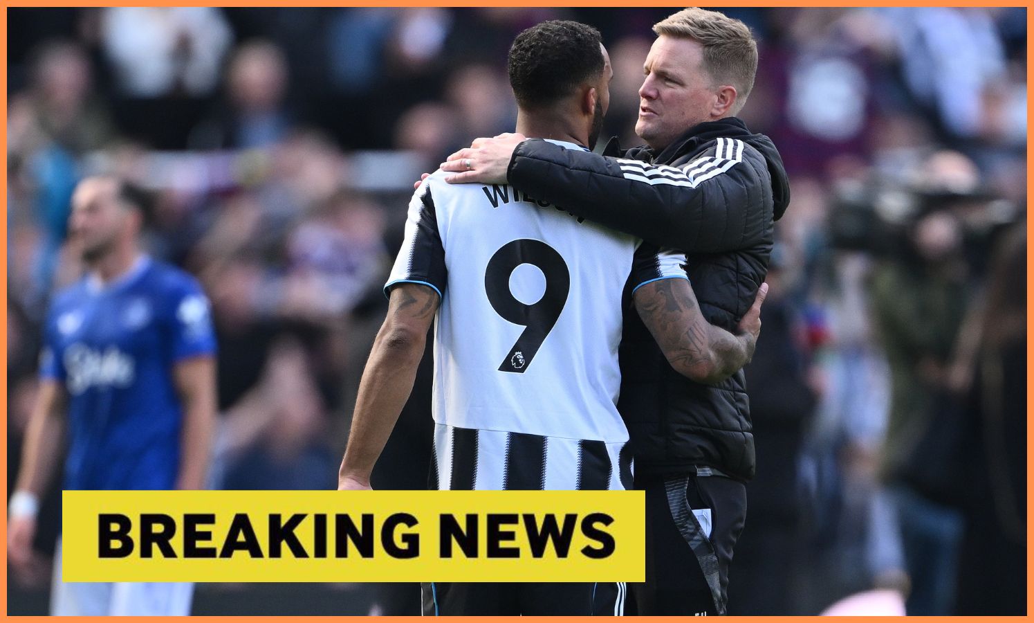 Newcastle's Eddie Howe and yellow 'breaking news' banner