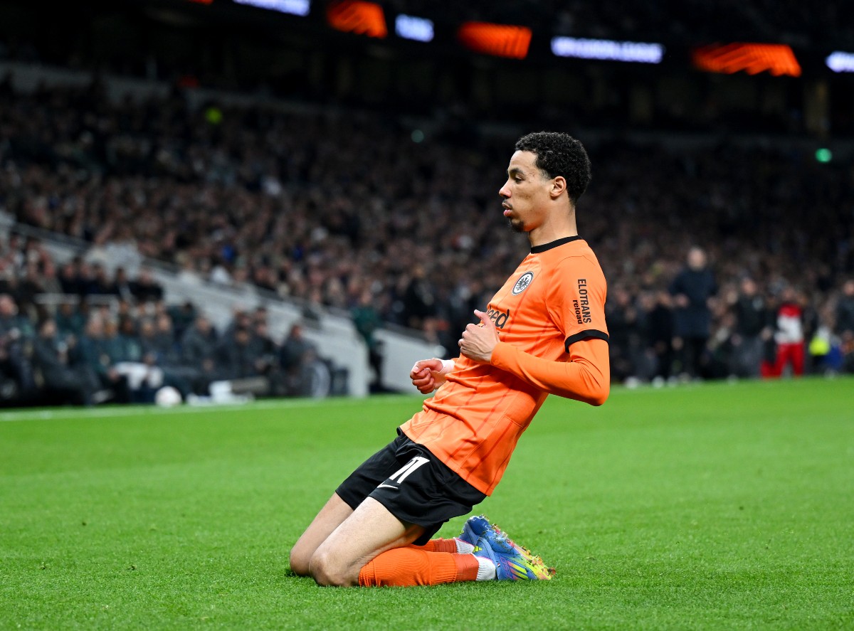 Hugo Ekitike celebrates scoring for Eintracht Frankfurt against Tottenham