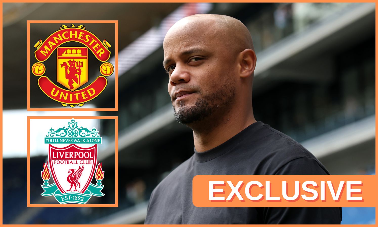 Vincent Kompany looks on next to Liverpool and Man Utd club crests.