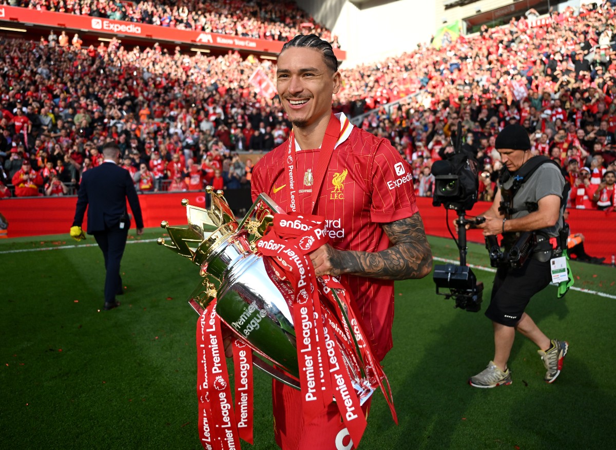 Liverpool striker Darwin Nunez with the Premier League trophy
