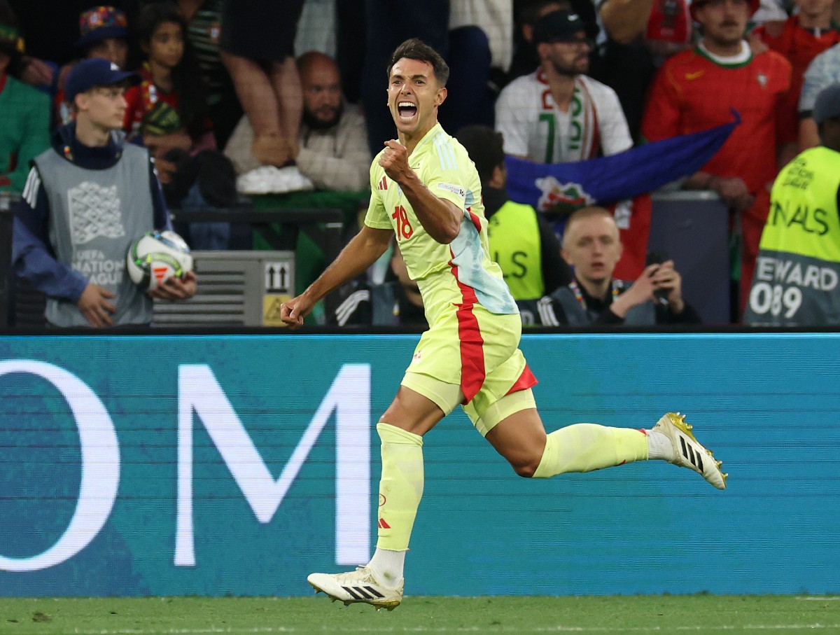 Martin Zubimendi celebrates scoring for Spain against Portugal