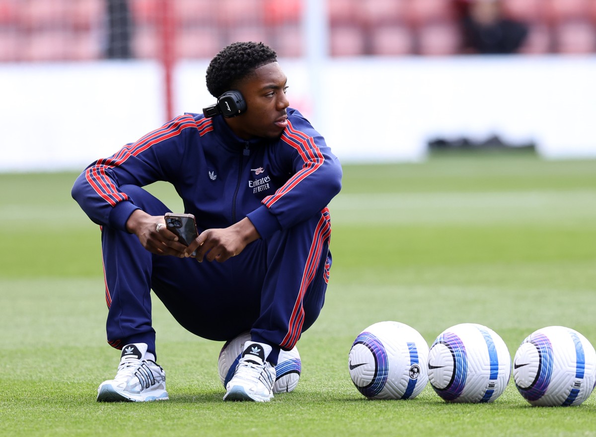 Myles Lewis-Skelly looks on prior to Arsenal's game against Southampton