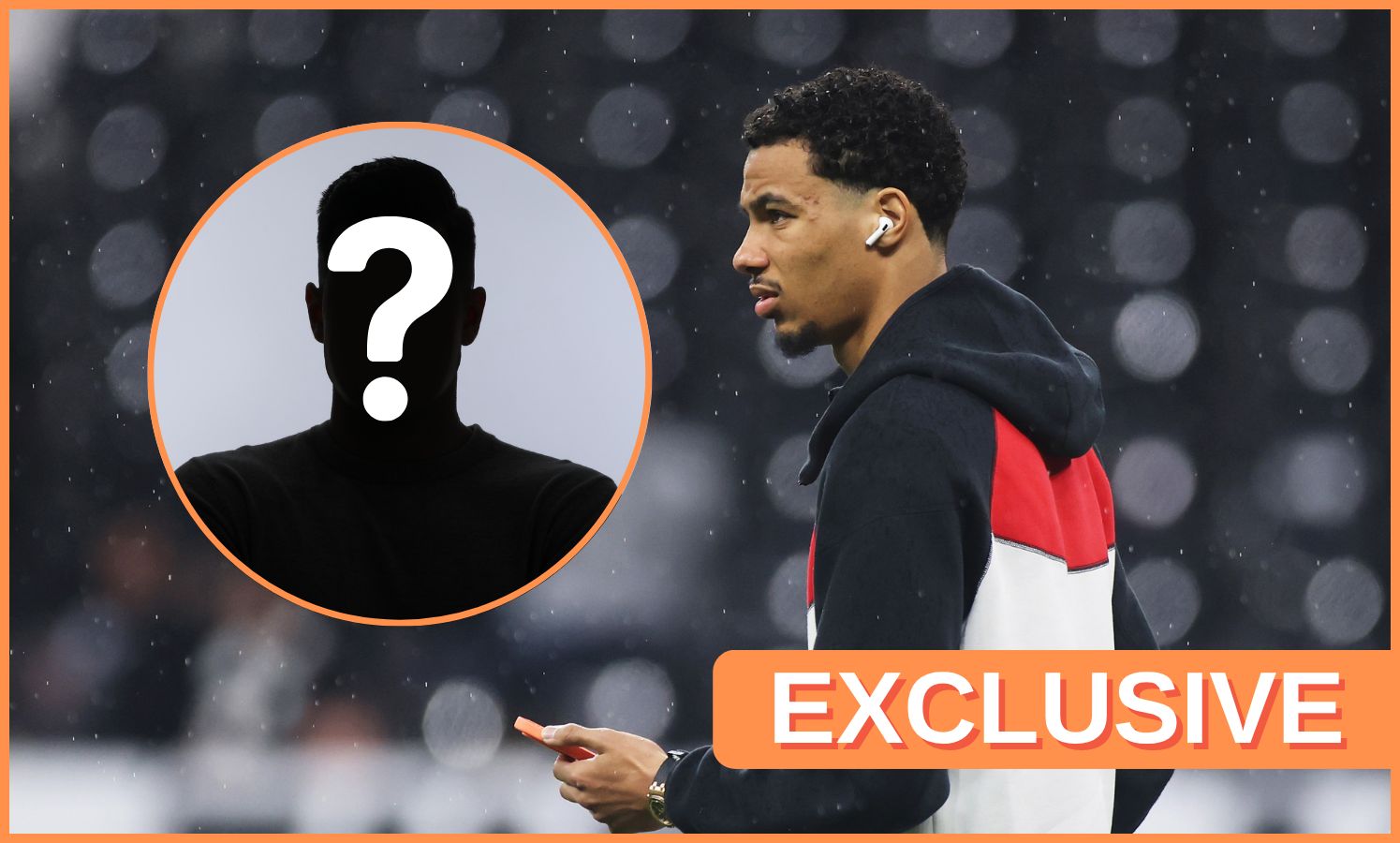 Hugo Ekitike holds his phone and looks at a silhouette.