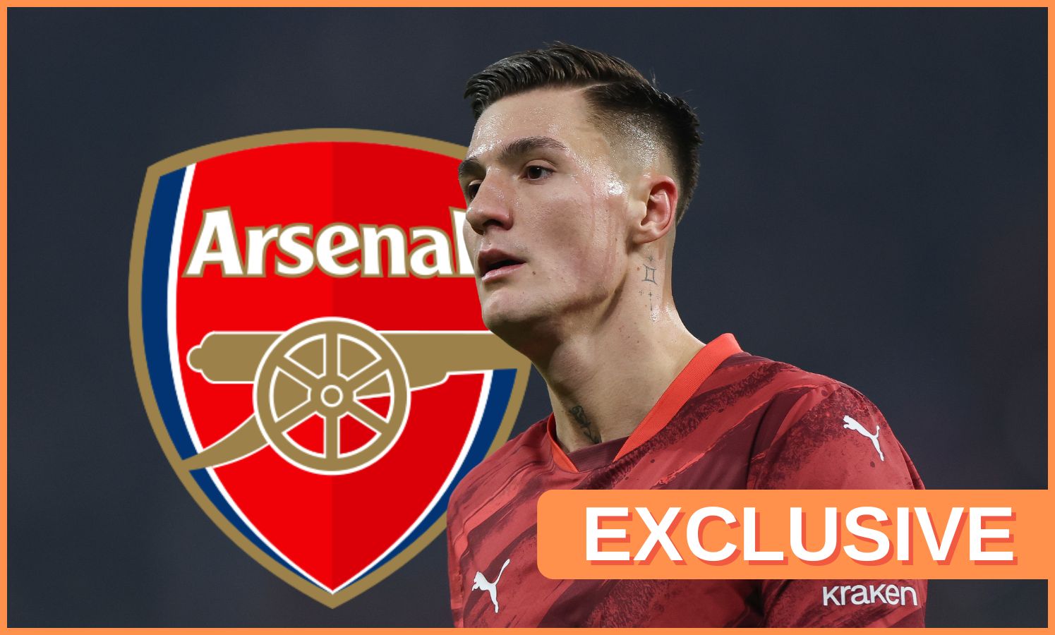 Benjamin Sesko looks on next to Arsenal club crest.
