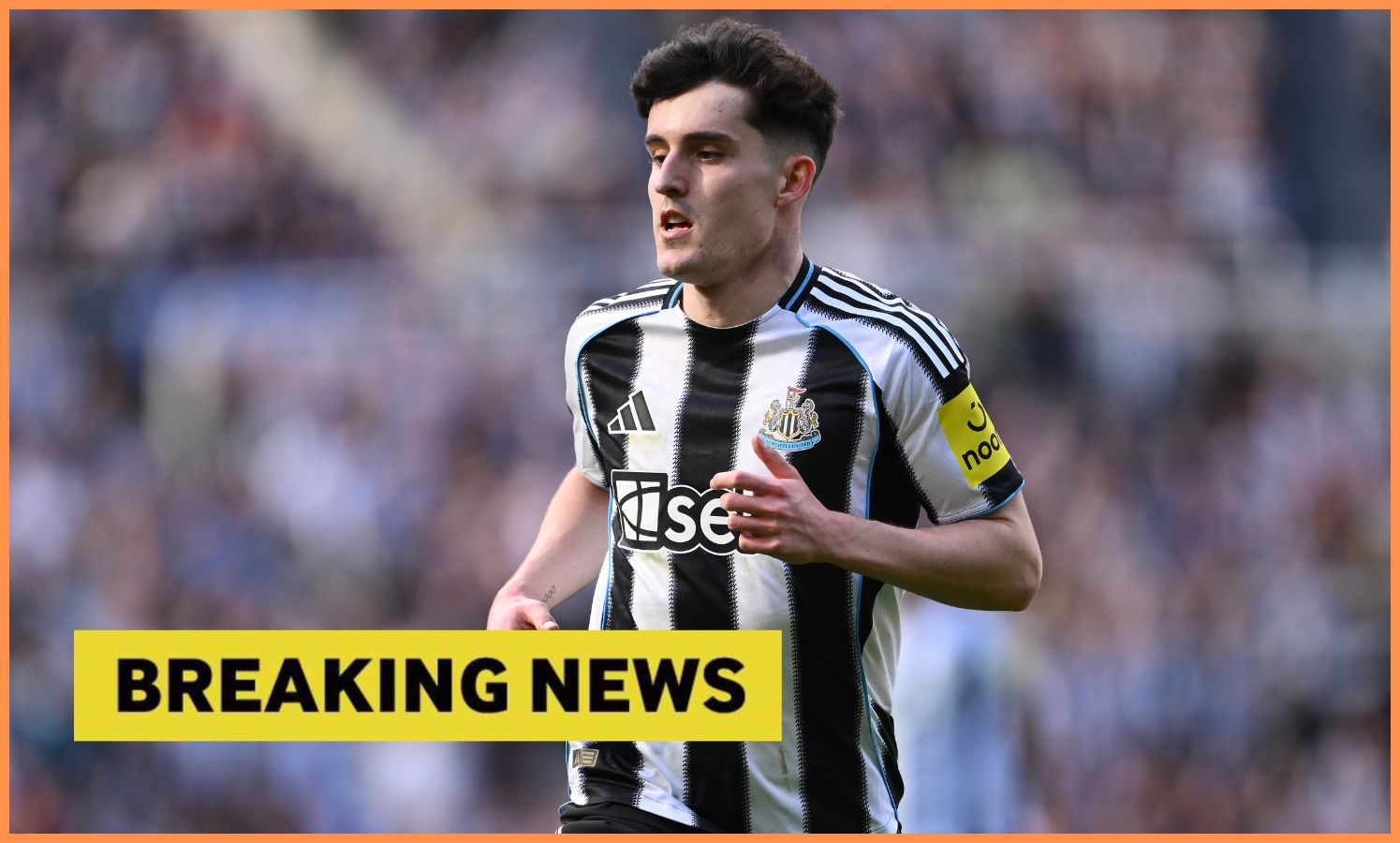 Tino Livramento of Newcastle plus yellow 'breaking news' banner