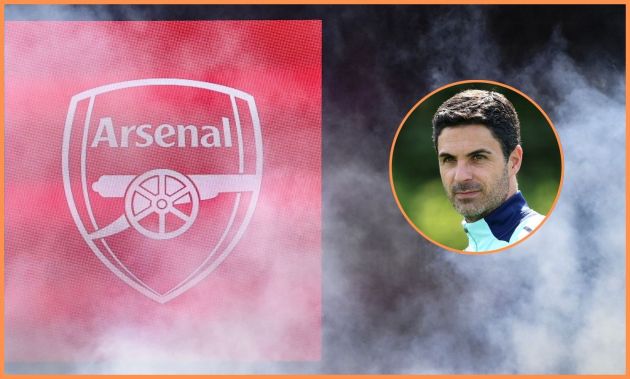Arsenal logo and Mikel Arteta