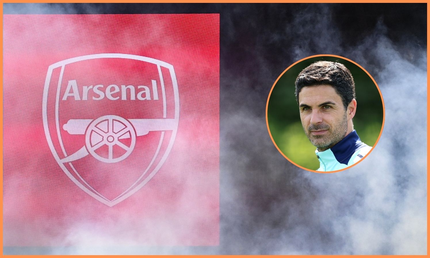 Arsenal logo and Mikel Arteta
