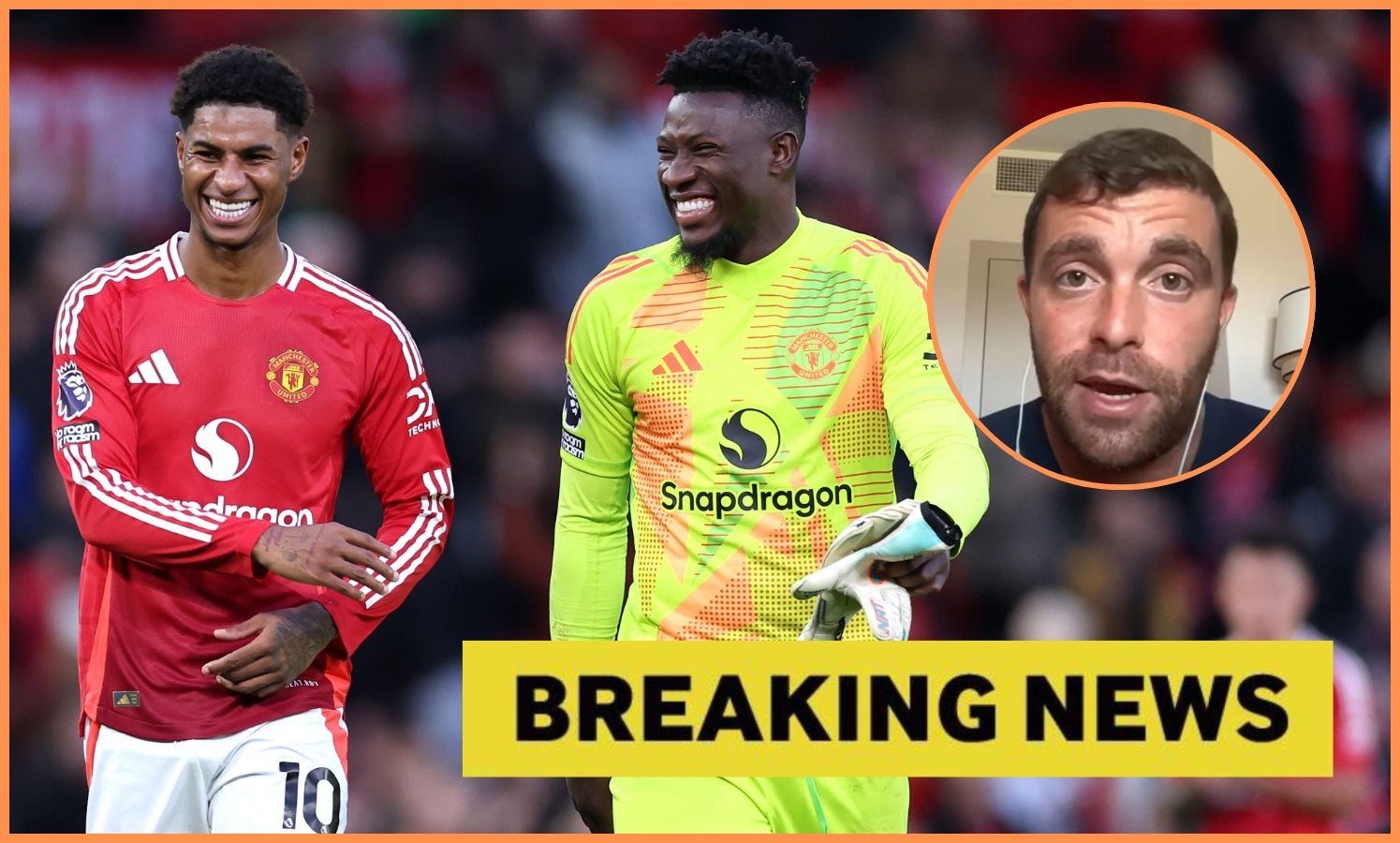 Marcus Rashford, Andre Onana, and Fabrizio Romano plus 'breaking news' banner