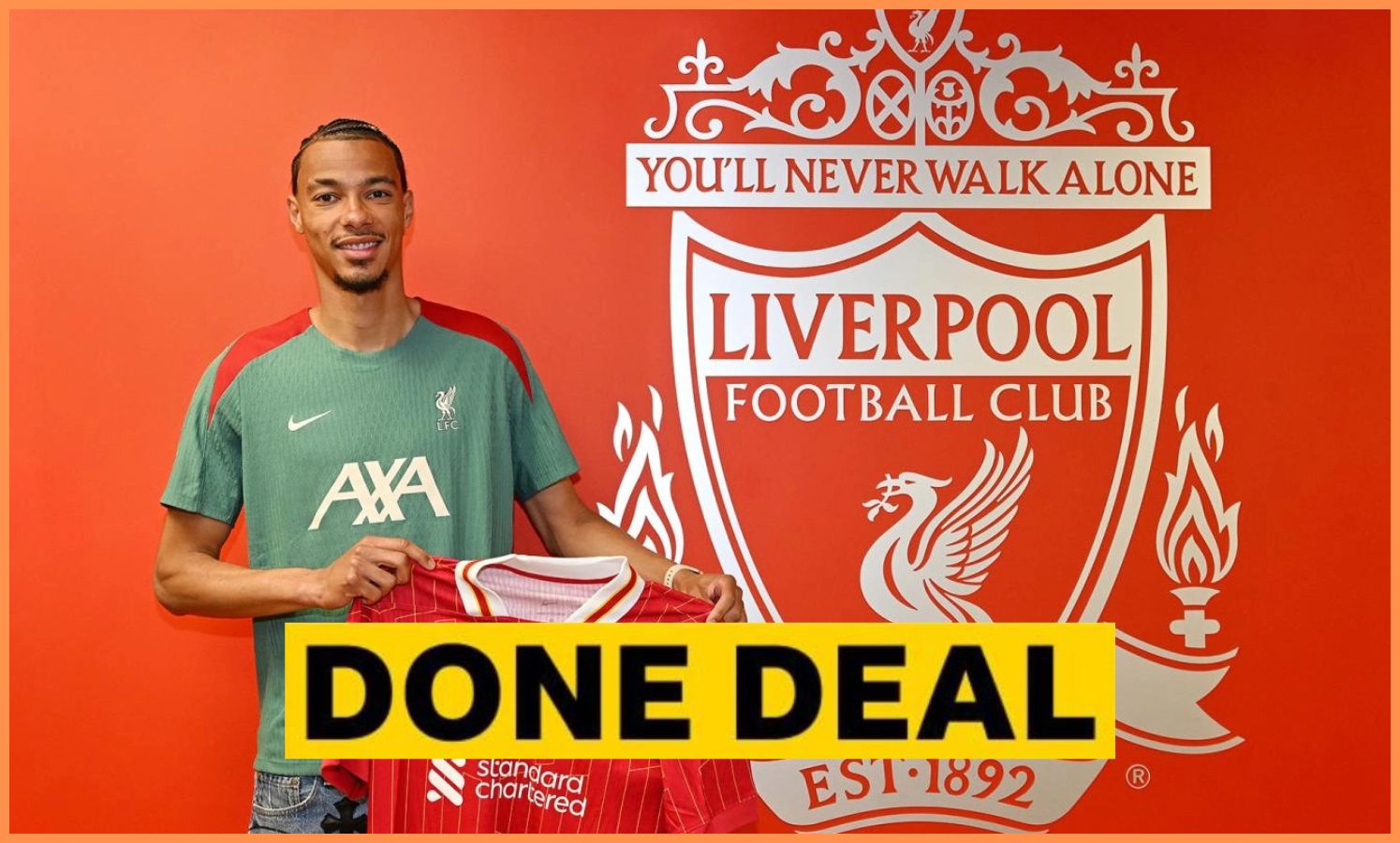 Hugo Ekitike posing with his Liverpool shirt