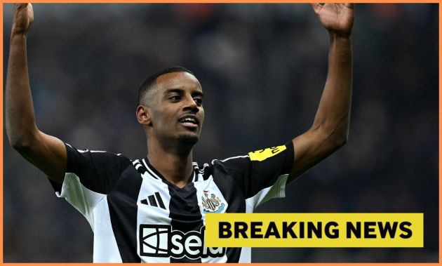 Alexander Isak celebrates a goal for Newcastle, plus yellow 'breaking news' banner