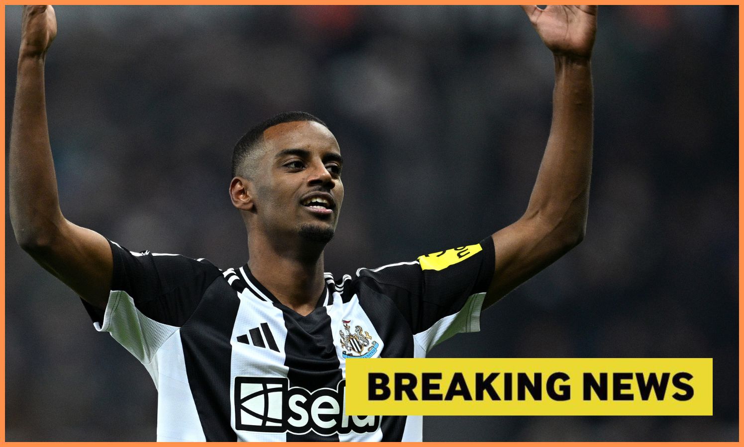Alexander Isak celebrates a goal for Newcastle, plus yellow 'breaking news' banner
