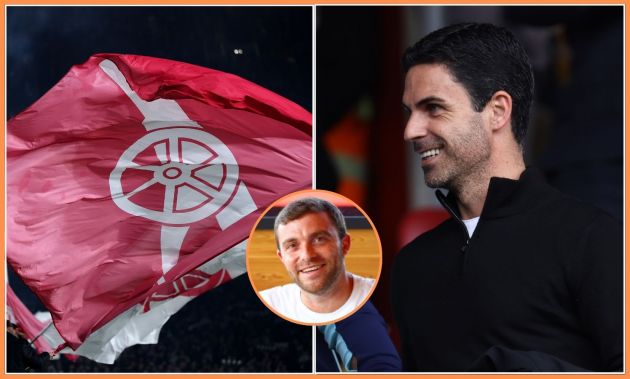 Mikel Arteta and Fabrizio Romano and the Arsenal logo on a flag