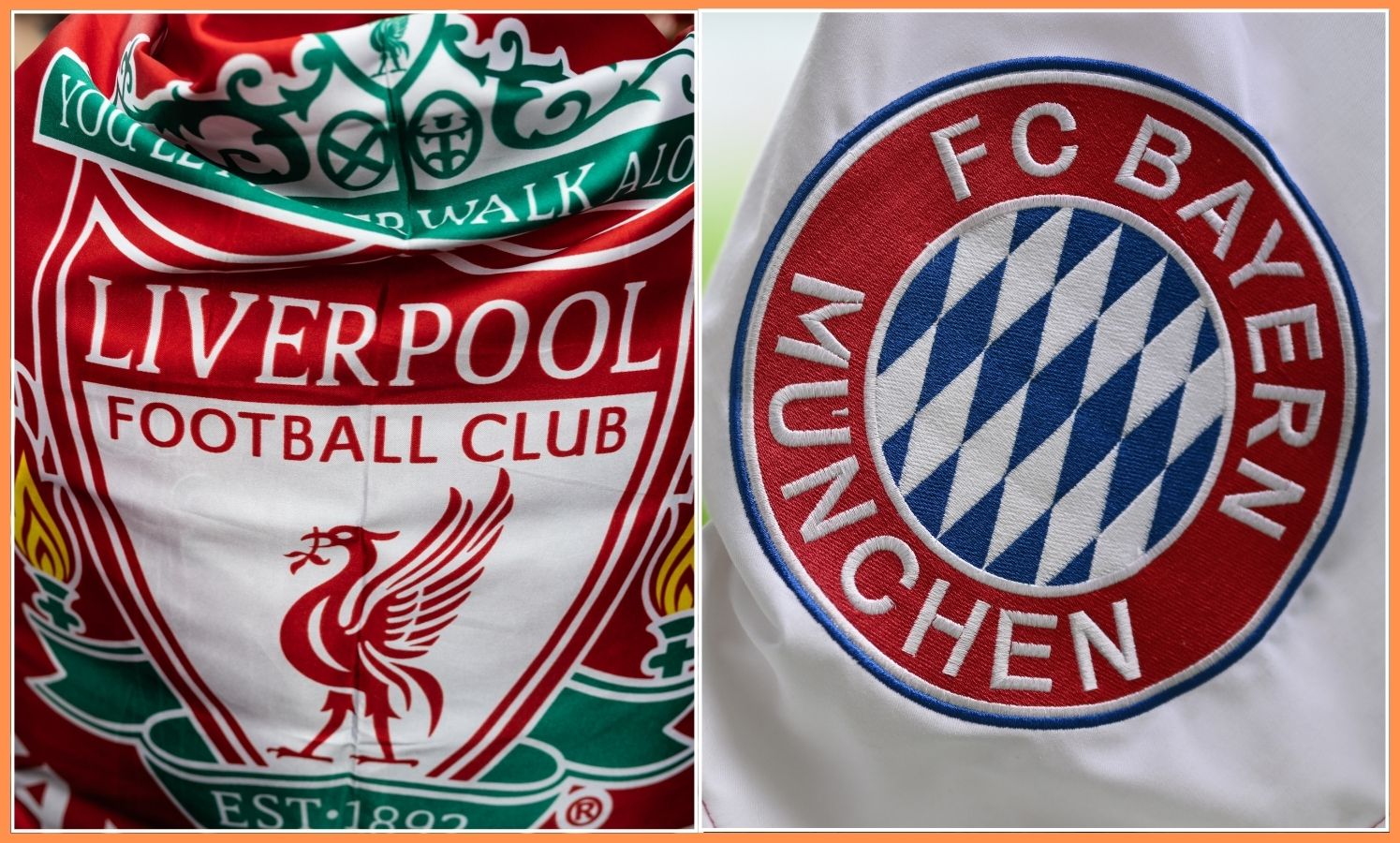 Liverpool and Bayern Munich club logos on flags