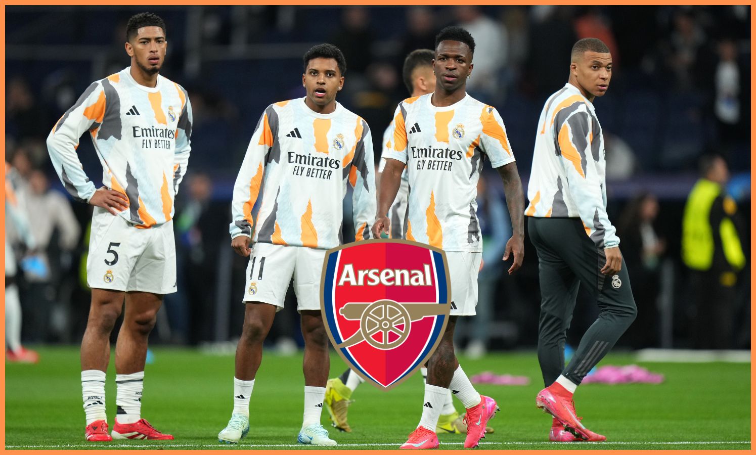 Jude Bellingham, Rodrygo Goes, Vinicius Junior and Kylian Mbappe warming up for Real Madrid