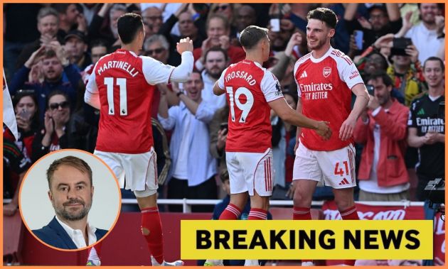 Gabriel Martinelli, Leandro Trossard, and Declan Rice celebrate during Arsenal's win over Newcastle