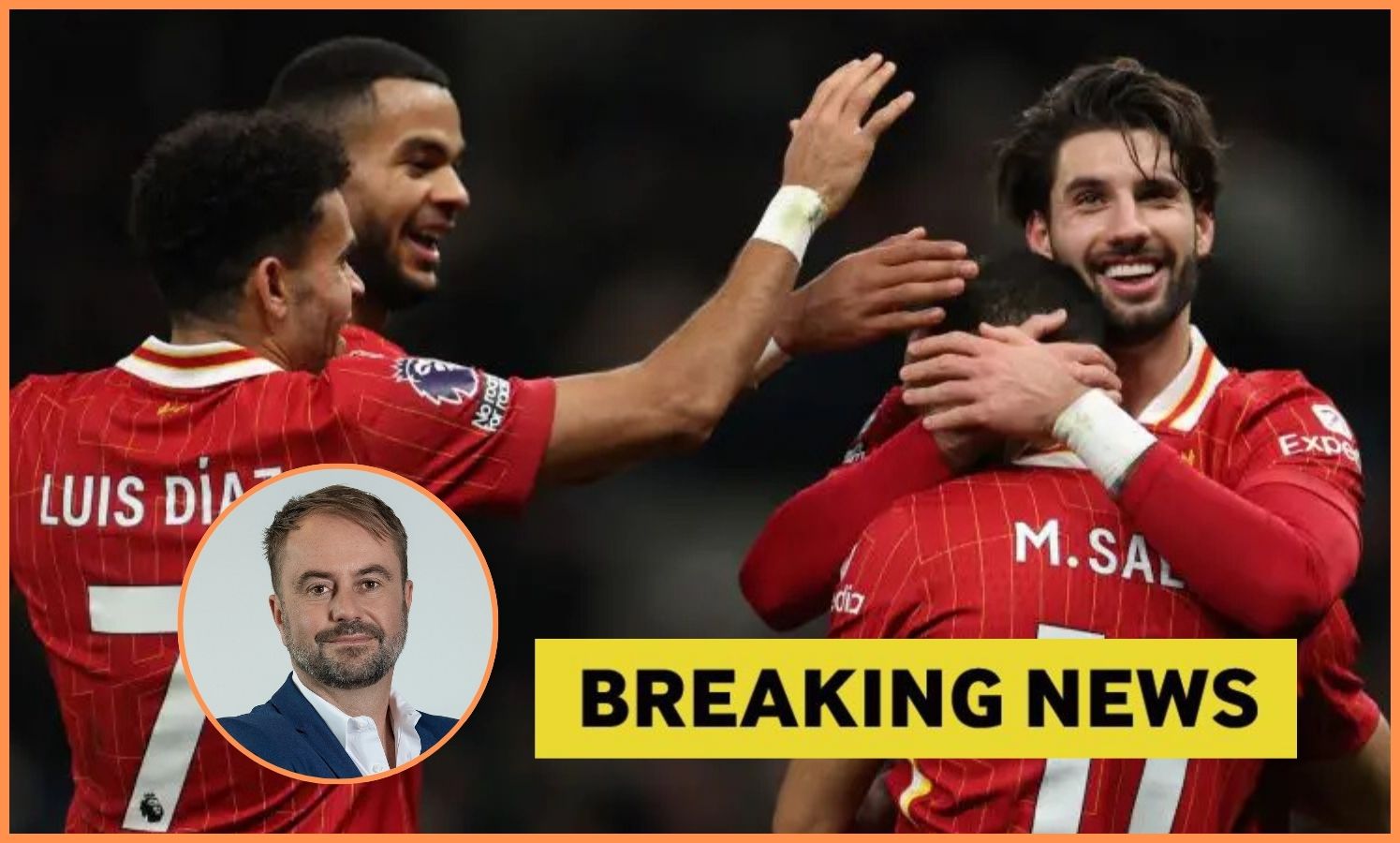 Luis Diaz celebrates with his Liverpool teammates, plus yellow 'breaking news' banner