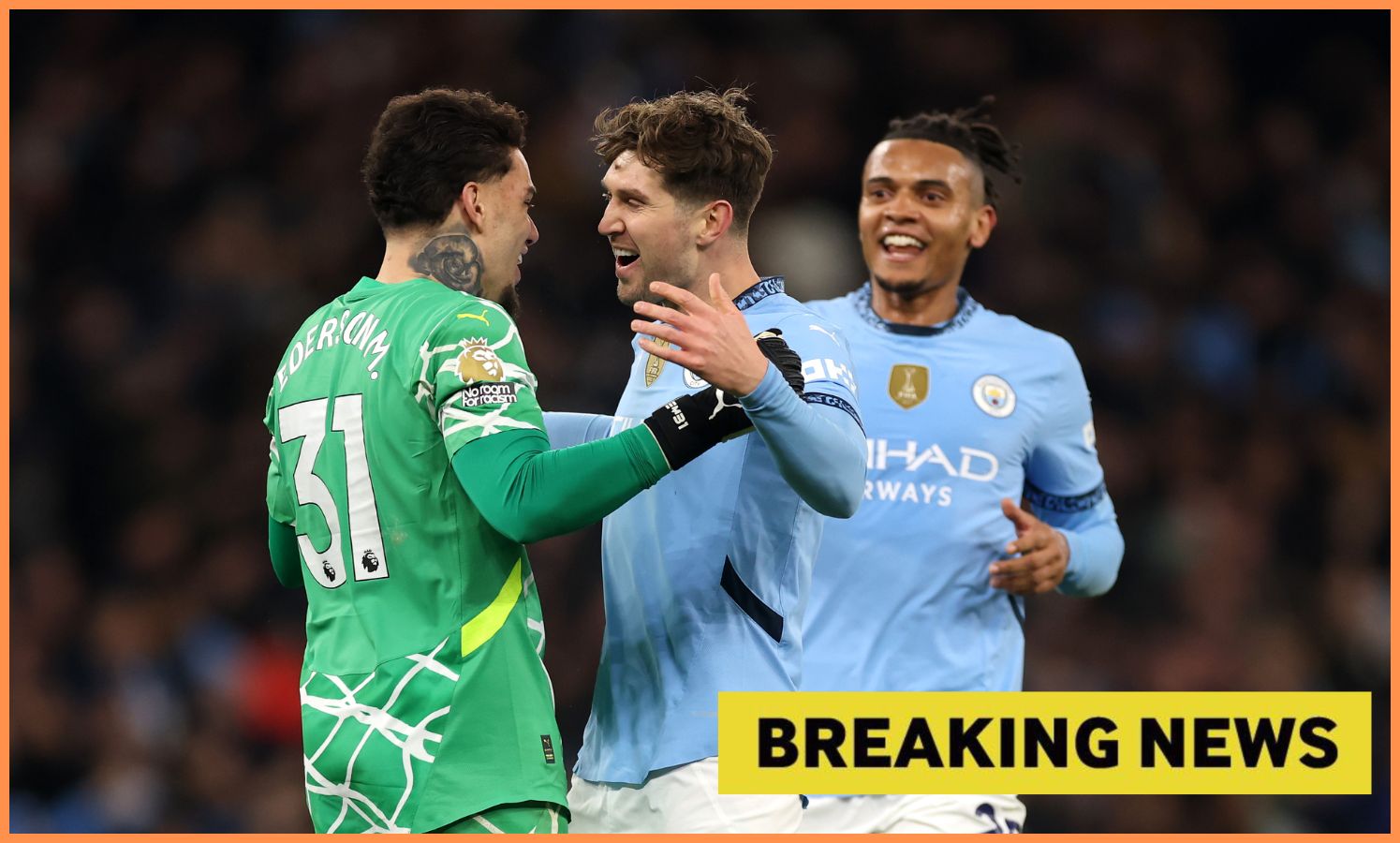 Ederson, John Stones, and Manuel Akanji celebrate