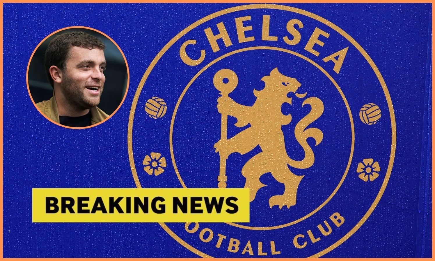 Chelsea FC logo, Fabrizio Romano, and yellow 'breaking news' banner