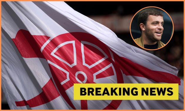 Arsenal flag, Fabrizio Romano, and yellow 'breaking news' banner