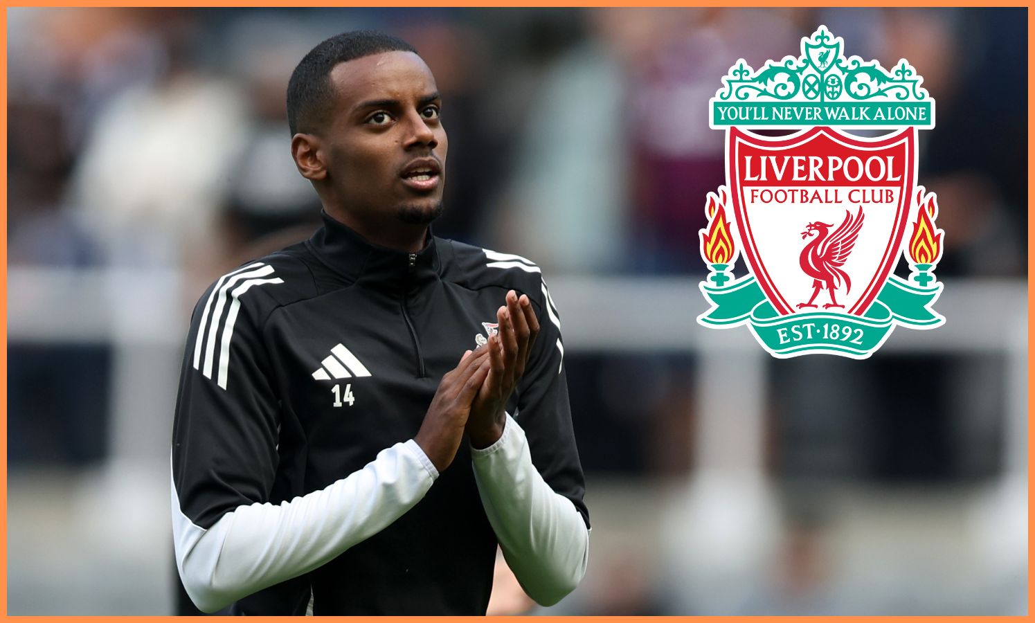 Alexander Isak and the Liverpool FC logo