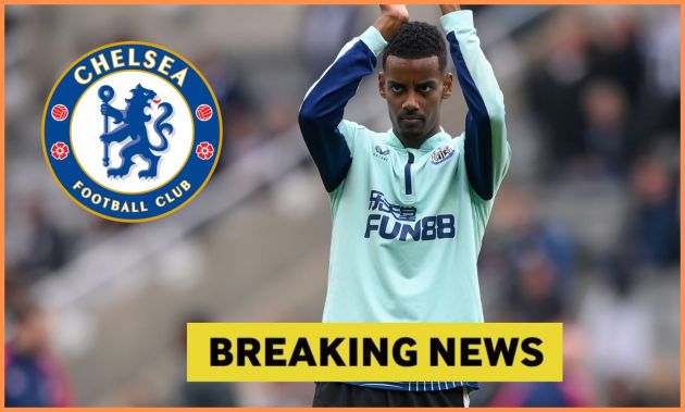 Alexander Isak warming up for Newcastle, plus Chelsea logo and yellow 'breaking news' banner