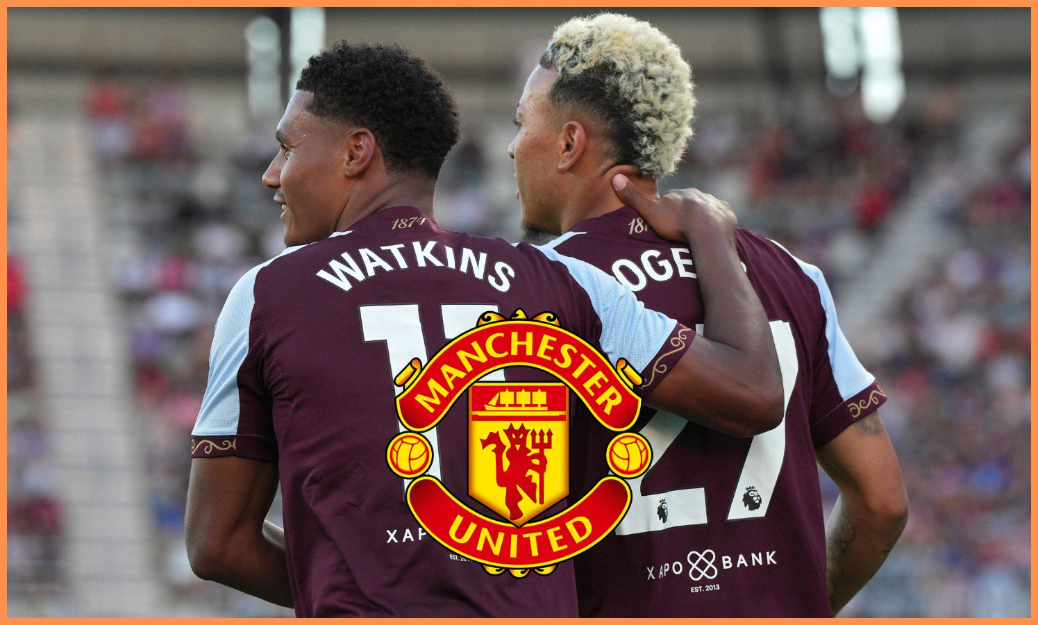 Ollie Watkins celebrates with Morgan Rogers during Aston Villa's friendly against Eintracht Frankfurt