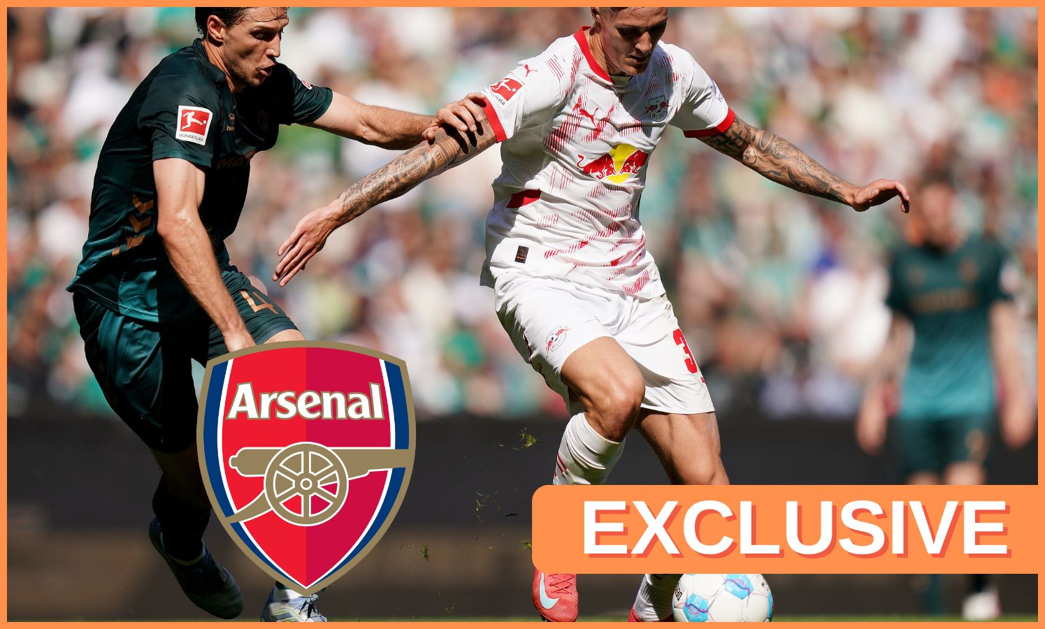 Benjamin Sesko in action for RB Leipzig, plus 'exclusive' banner