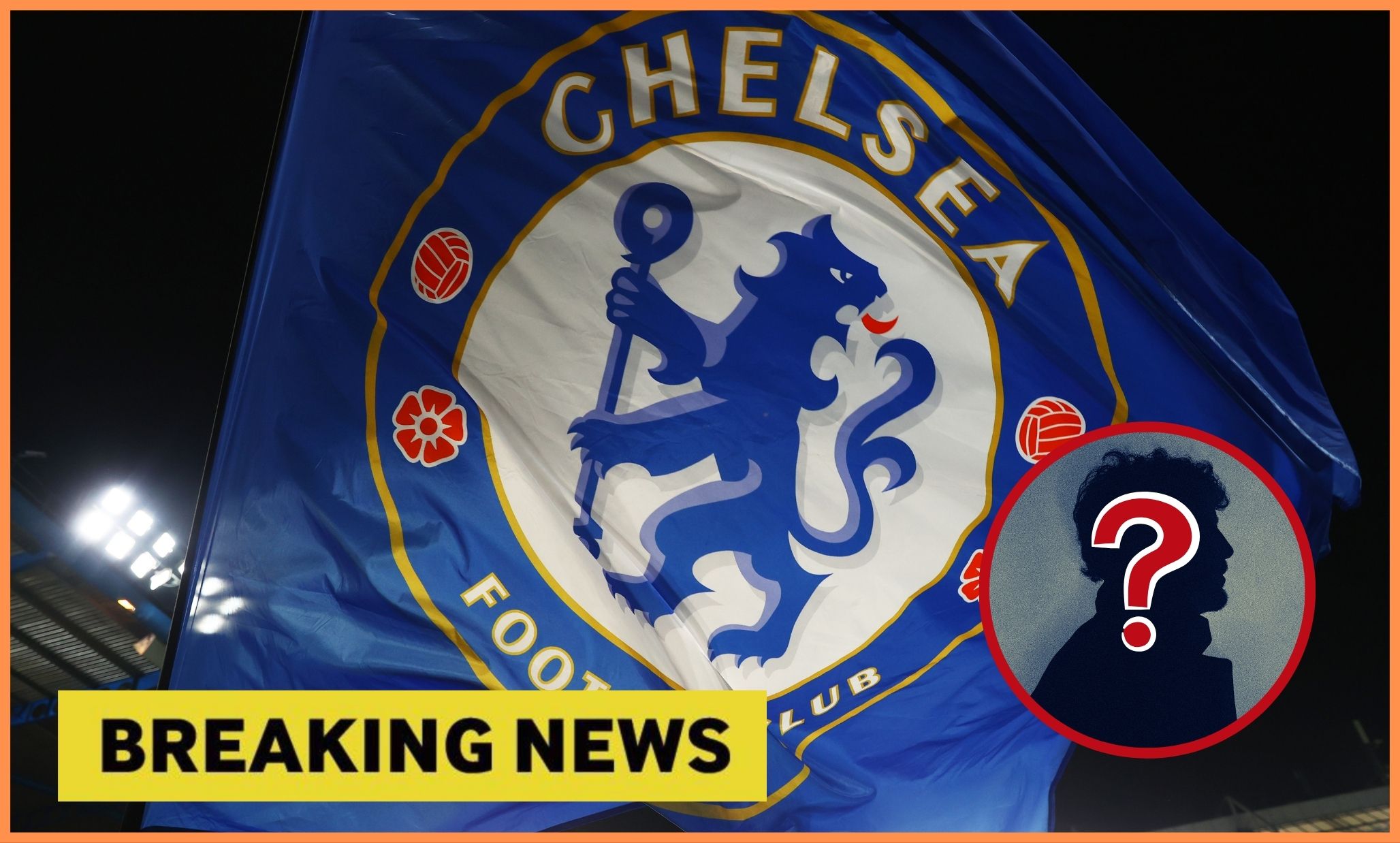 Chelsea FC logo and yellow 'breaking news' banner