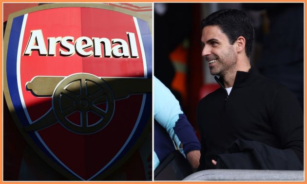 Arsenal club crest and manager Mikel Arteta