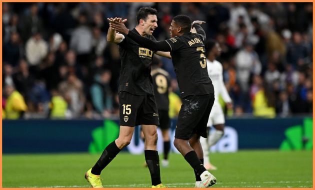 Cristhian Mosquera celebrates as Valencia beat Real Madrid at the Bernabeu