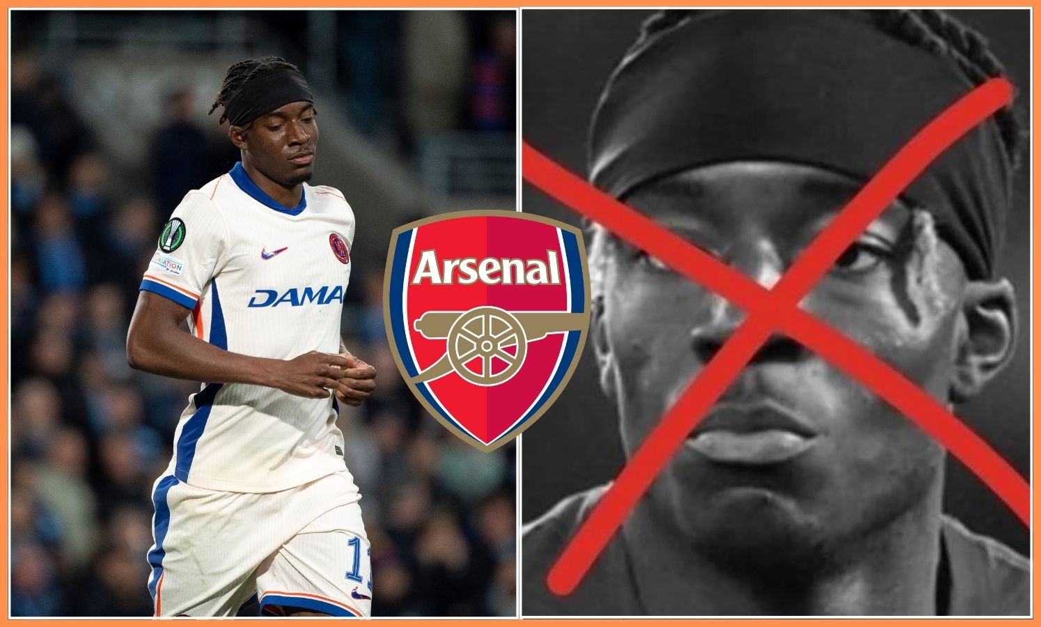 Noni Madueke in action for Chelsea, and a crossed out image of his face