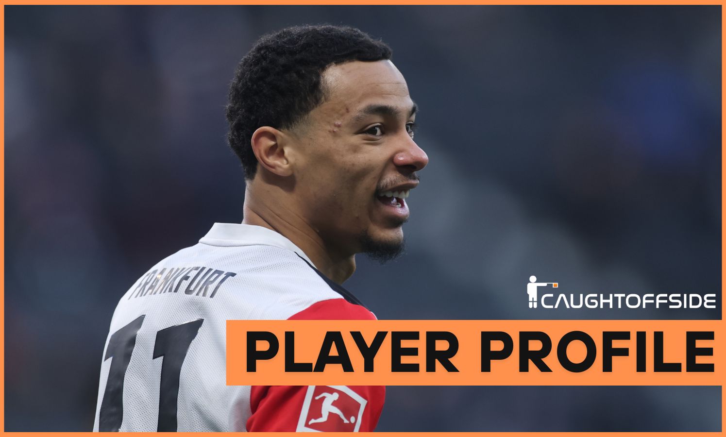 Hugo Ekitike in action for Eintracht Frankfurt - CaughtOffside logo and 'player profile' banner