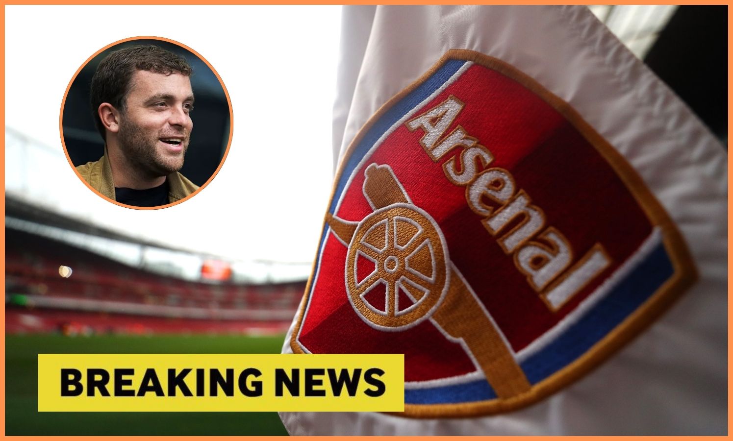 Arsenal flag at the Emirates Stadium, Fabrizio Romano, and yellow 'breaking news' banner