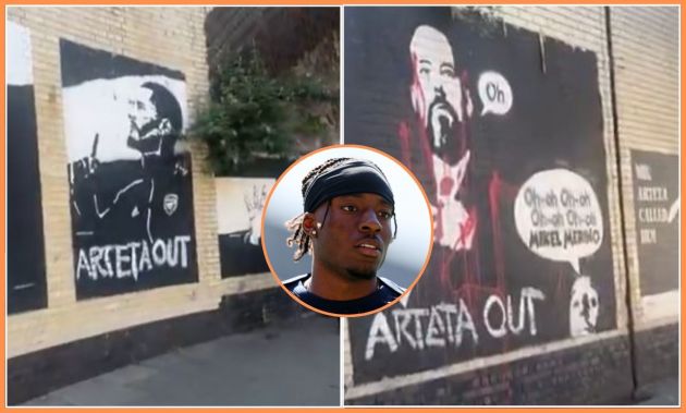 Noni Madueke and some Arteta Out graffiti near Arsenal's stadium