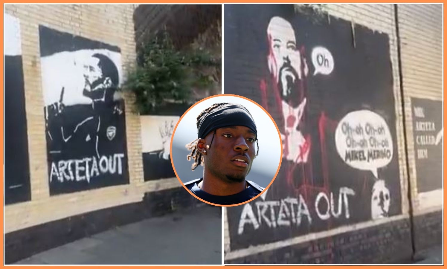 Noni Madueke and some Arteta Out graffiti near Arsenal's stadium