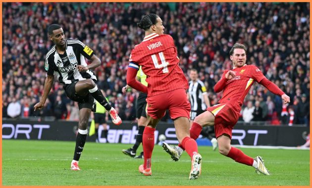 Alexander Isak scores against Liverpool in last season's Carabao Cup final
