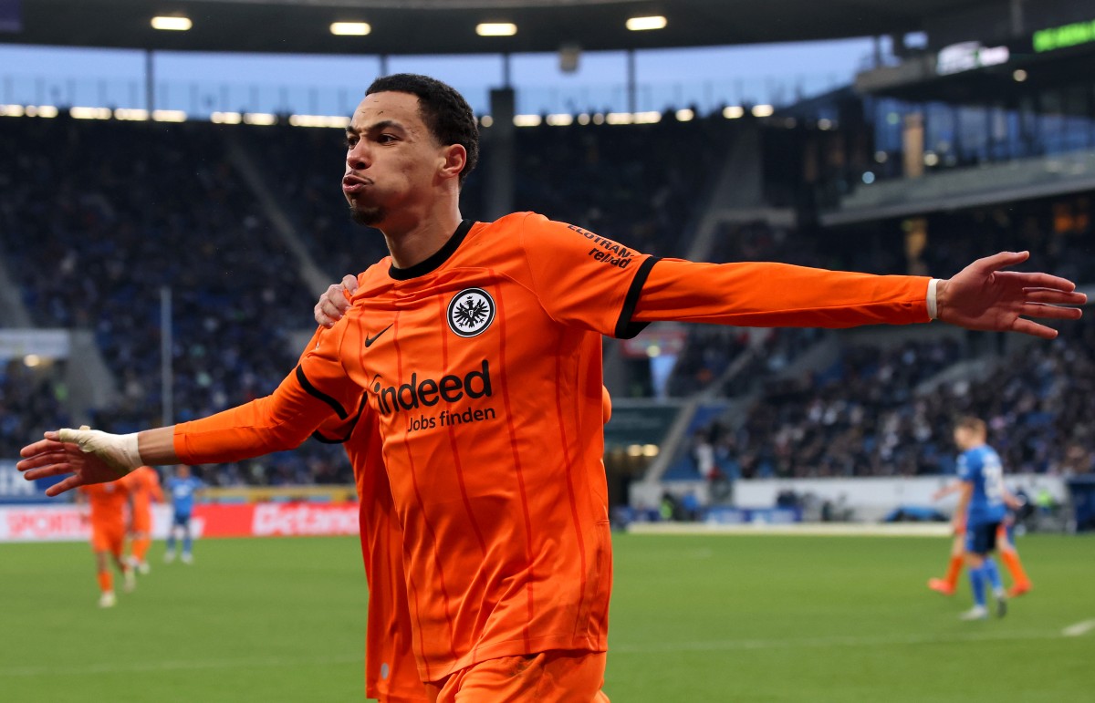 Hugo Ekitike celebrates a goal against Hoffenheim