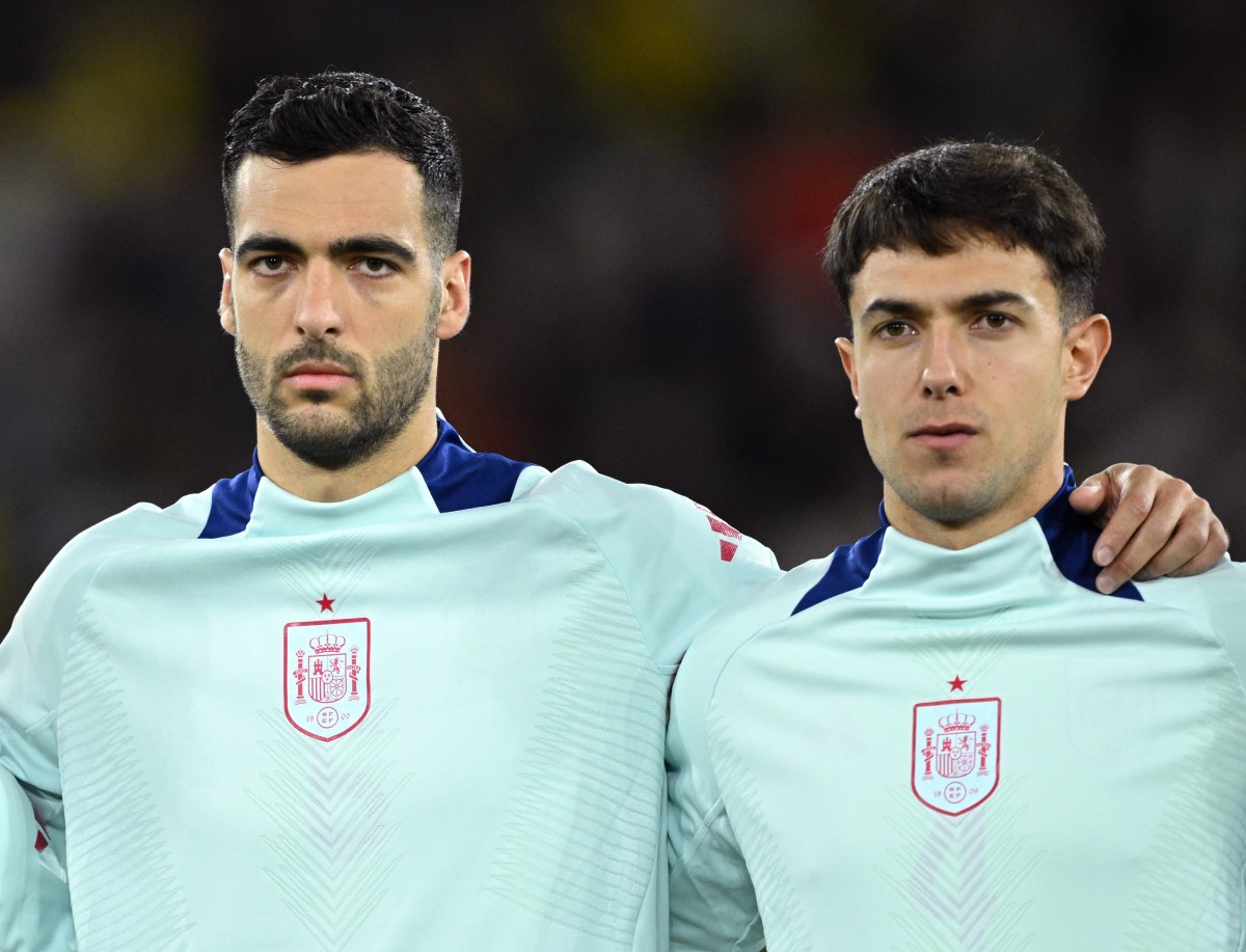 Mikel Merino and Martin Zubimendi lining up with the Spanish national team